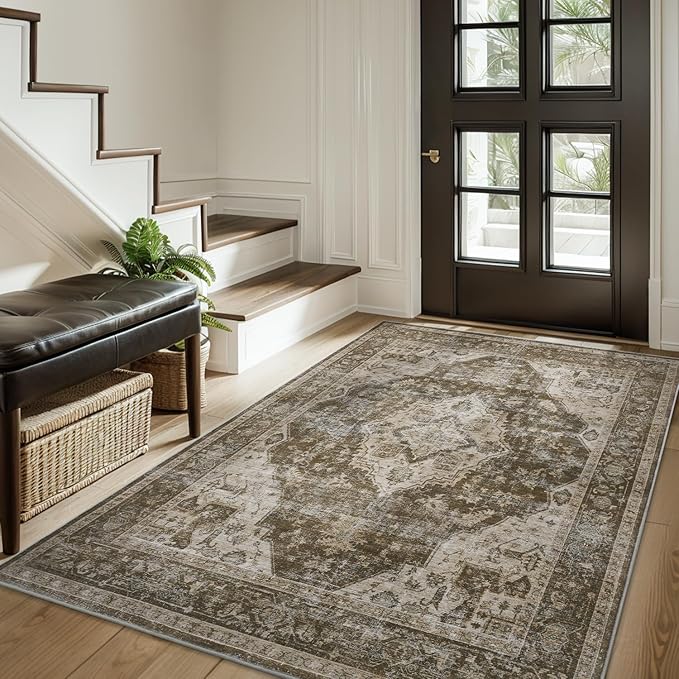 AMOAMI-3X5 Area Rug-Soft Washable Vintage Throw Accent Rugs for Living Room, Entryway, Bedroom, Kitchen, Bathroom, Laundry Room, Kitchen, Bathroom, Bedside, No Slip Brown/Coffee