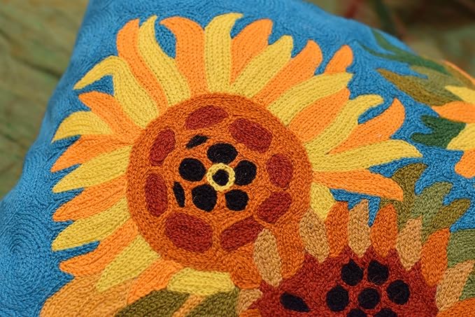 Turquoise Van Gogh Sunflower Pillow Cover Teal Floral Sofa Pillowcase Flower Chair Cushion Accent Throw Flowery Outdoor Pillows Farmhouse Couch Handmade Wool Size 18x18