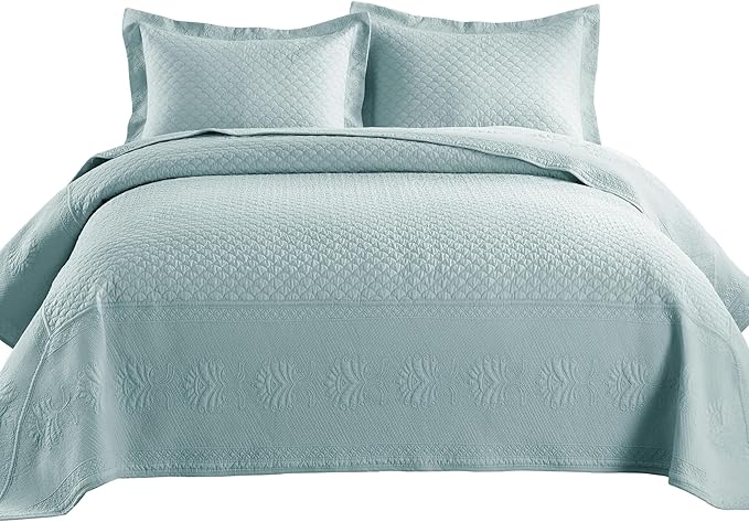 MarCielo 3-Piece 100% Cotton Oversized Bedspread Lightweight Quilt Coverlet Embroidery Farmhouse Bedding Set (TM Mint Green, Oversized King (118"x106"))