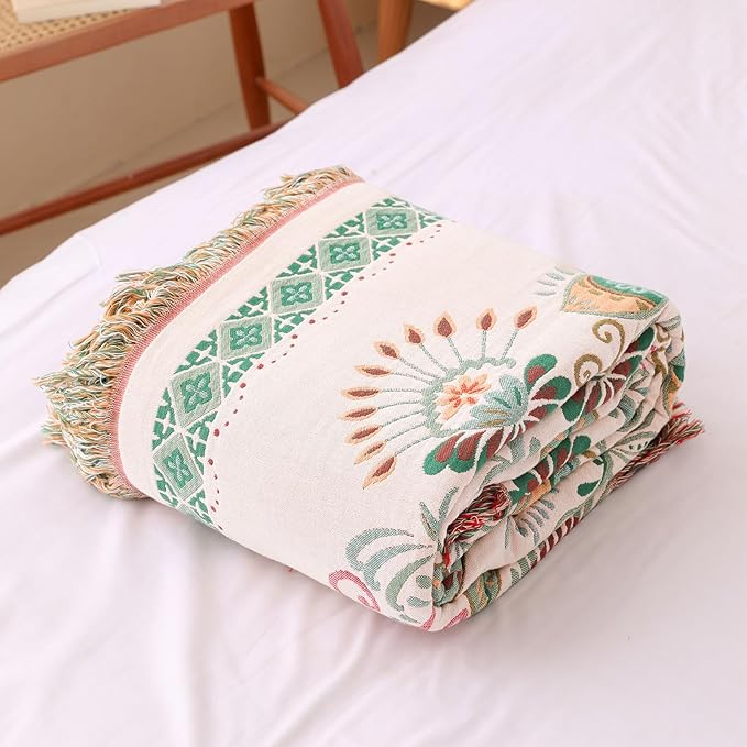 Snycler Cotton Bed Throw with Tassels, Double-Sided Bohemian Spring Flowers Plants Throws for Sofas, 60x80 inch Woven Warm Blanket for Single Sofa, Bedspread and Settee Couch Travel Green