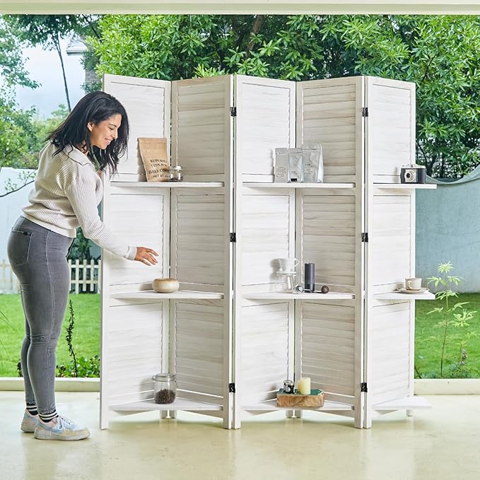 Partition Room Dividers, Folding Wood Privacy Screen with Three Display Shelves Suitable for Home Office, Study, Art Display - 5 Panel, 67 * 64inch (White-Washed)