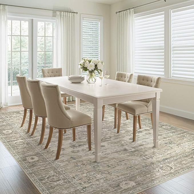 Washable Area Rugs for Living Room -9x12 Neutral Vintage Distressed Floral Farmhouse Boho Large Soft Floor Rug Indoor Non Slip Carpet for Living Room Bedroom Dining Room Office - Brown/Tan