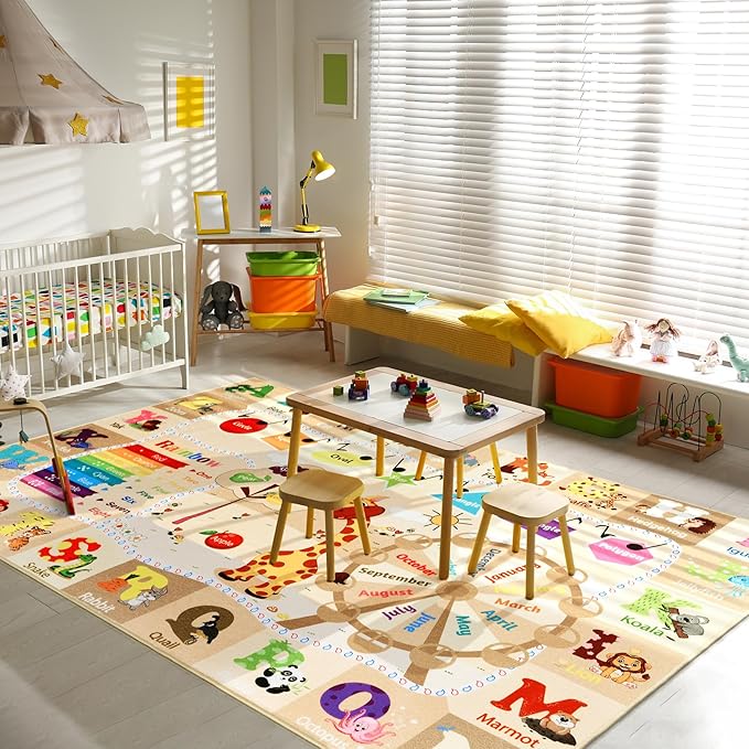 6x9 Playroom Rugs for Kids Washable, Educational and Fun Playmat with ABC Alphabet Animals Shapes Colors, Non-Slip Play Mat Learning Rugs for Baby Toddler Children Game Activity,Beige, Pink