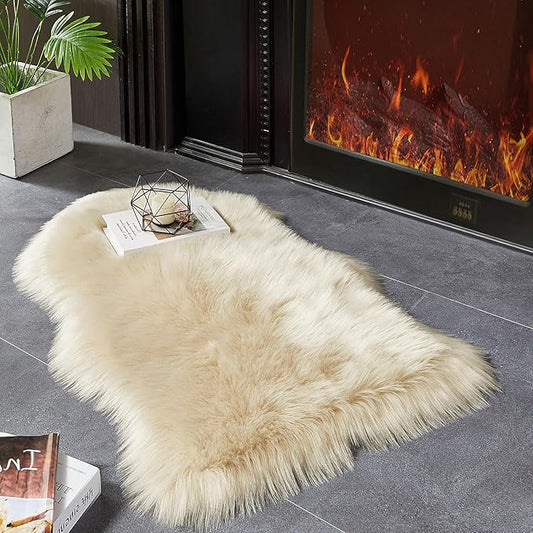 AMTOVO Faux Fur Rug, Beige Small Area Rug, Fluffy Sheepskin Rug, Fuzzy Ultra Soft 2 x 3 ft Shag Rugs for Bedroom Sofa Throw Cushion Room Decor, Sheepskin
