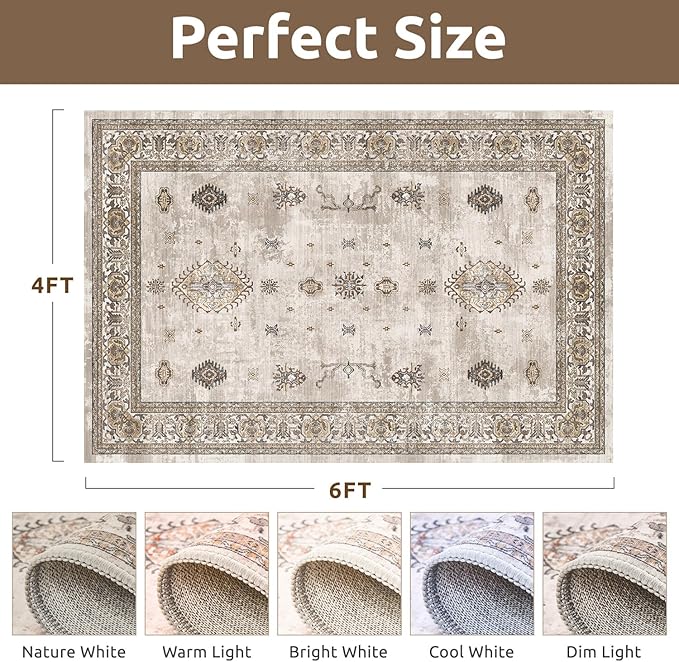 AMOAMI-Vintage Area Rug 4x6 Brown Rugs for Living Room-Soft Living Room Rug Non Slip Rugs for Bedroom Carpet Machine Washable Rug for Dining Room Bedside Office Room Decor