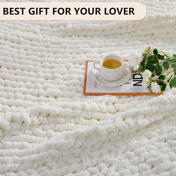 L'AGRATY Chunky Knit Blanket Throw: 80''x90'' Chenille Chunky Knitted Throw Blanket for Bed Couch - Handmade Thick Big Cable Knit Blanket - Large Chunky Crochet Blanket for Home Decor(Cream White)