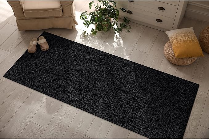 CAMILSON Indoor and Outdoor Runner Rug Dark Gray Black Solid Boho Woven Design Easy-Cleaning Non Shedding Farmhouse Living Room Bedroom Garden Patio and Kitchen Washable Outside Carpet Alfombras (2x7)