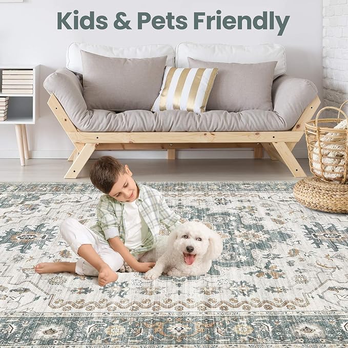 Washable Area Rugs for Living Room -10x12 Neutral Vintage Distressed Floral Farmhouse Boho Large Soft Floor Rug Indoor Non Slip Carpet for Living Room Bedroom Dining Room Office -Green/Grey