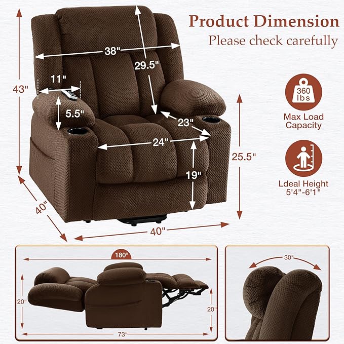Three Motor Large-Wide Power Lift Chairs Recliners for Big and Tall Elderly, 180° Lay Flat Lift Chair, Infinite Position, Power Headrest, Heat & Vibration Massage (Plush Flannel, Deep Brown)