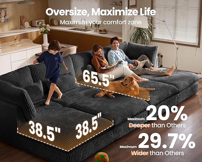 Oversized Modular Sofa, Extra Deep Cloud Corduroy Sectional Couch with Ottoman Chaise, Fluffy Chenille 3 Seater Sofa for Living Room, Villa (Basic 3 Seater, Corduroy Black)