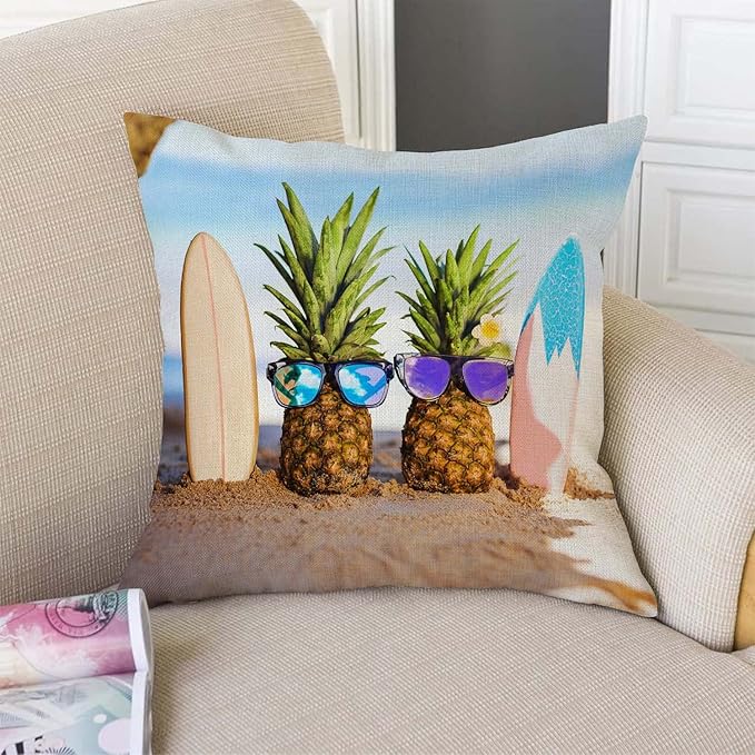 TSSOHU Yellow Pineapple with Glasses on The Sandbeach Throw Pillow Case Cushion Cover Couch Sofa Decorative Square 18x18 inches