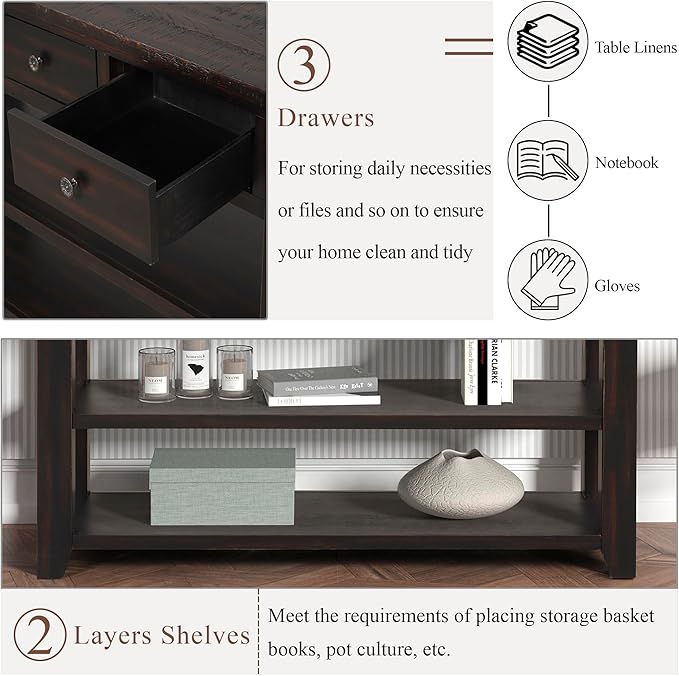 Farmhouse Wood Entryway Console Table 48-Inch Modern Sofa Entry Table with Drawers and Storage Shelves for Entrance Living Room (Black)