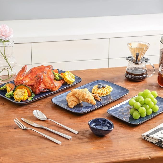 vicrays Ceramic Rectangle Serving Platters - 14" 12" 10" Porcelain Serving Trays Plates for Party BBQ Appetizers Sushi Dessert - Microwave Oven and Dishwasher Safe - Set of 3 Blue