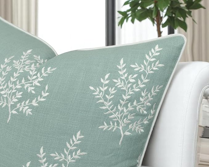 VAGMINE Embroidered Leaves Throw Pillow Cover - 18x18 Inches Square - 100% Cotton Light Teal Decorative Cushion Cover - Elegant Embroidery Pattern - Coastal Home Accent for Sofa, Bed, Living Room