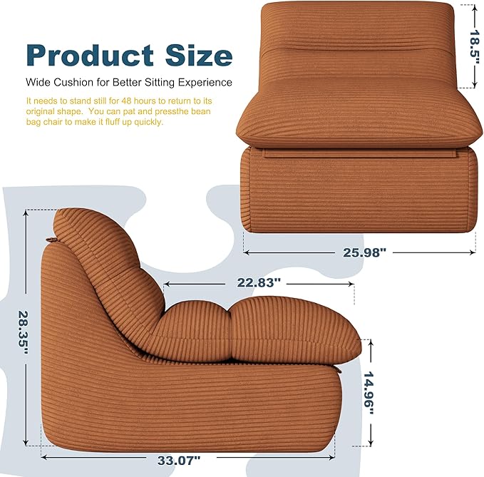 Misolant Bean Bag Chairs,Big Corduroy Fabric Sofa Bean Bag Chair for Adults and Teens with High-Resilience Sponge, Non-Slip Base Floor Lounge Sofa for Home, Living Room, Bedroom, Gaming Brown