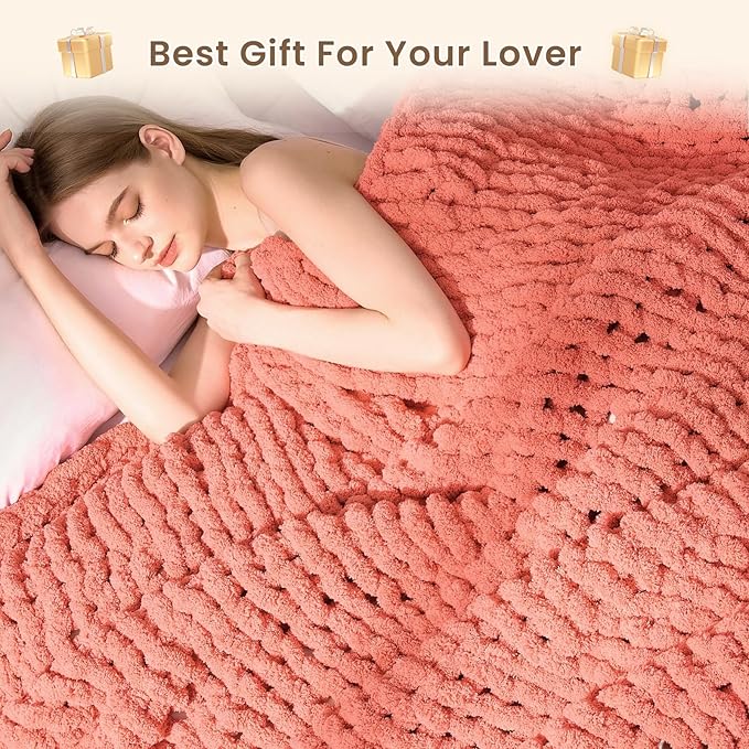 L'AGRATY Chunky Knit Blanket Throw: 50''x60'' Chenille Chunky Knitted Throw Blankets for Bed Couch - Handmade Thick Cable Knit Blanket - Large Crochet Rope Blankets for Home Decor(Coral Pink)