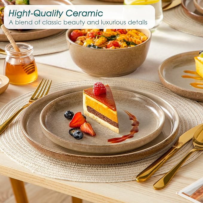 vancasso ANYA 18 Pieces Plates and Bowls Set, Caramel Dinnerware Sets, Reactive Glaze Dishes Set for 6, Ceramic Dishware Sets Kitchen Dinner Set, Microwave & Dishwasher Safe