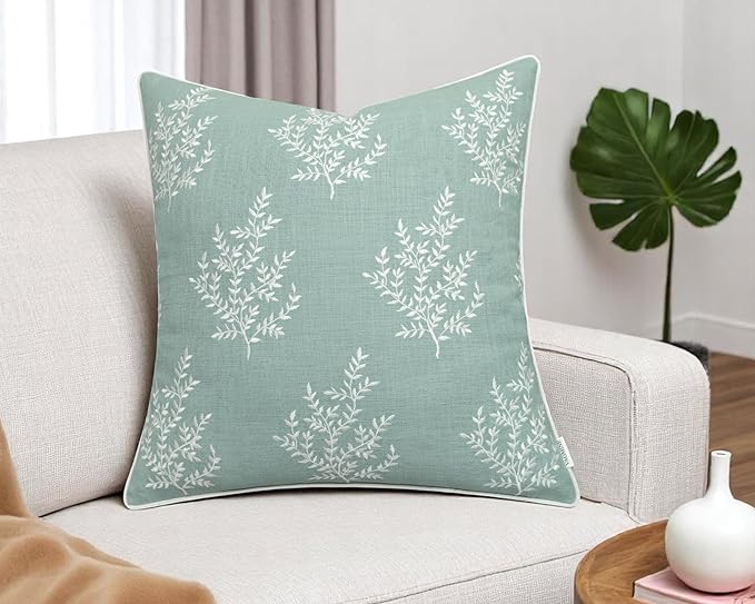 VAGMINE Embroidered Leaves Throw Pillow Cover - 20x20 Inches Square - 100% Cotton Light Teal Cushion Cover - Elegant Leaf Embroidery - Soft Boho Accent for Sofa, Lounge, Contemporary Décor