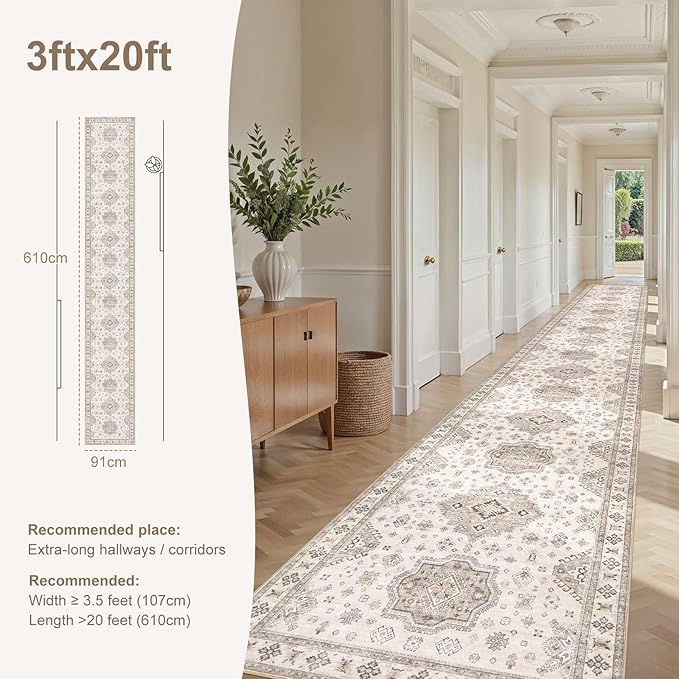 Washable 3x20 Runner Rug - Area Rugs Neutral Vintage Distressed Floral Farmhouse Boho Large Soft Floor Rug Indoor Carpet for Hallway Entryway Home - Beige Brown