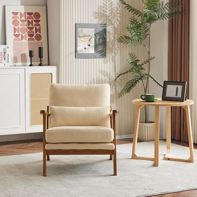 Karl home Accent Chair Wide Armrest Mid-Century Lounge Chair Teddy Fleece Armchair with Lumbar Pillow & Solid Wood Frame for Living Room, Bedroom, Balcony, Khaki