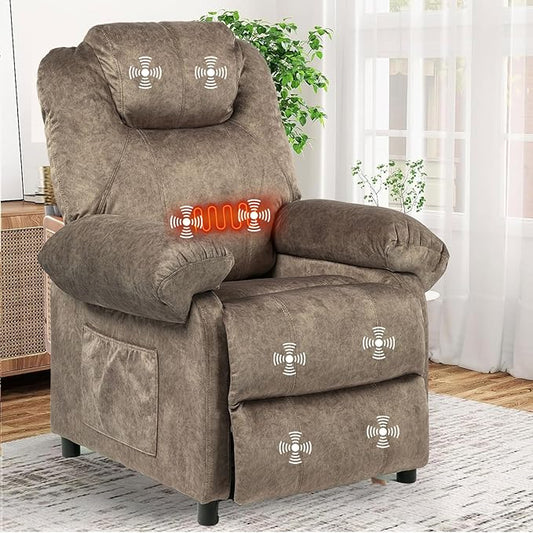 KCREAM Massage Recliner Chair with Heat,Overstuffed Fabric Recliner Chairs with Heating,Small Recliner for Living Room Bedroom, Manual Reclining Single Sofa Recliners Lounge Chair for Adult,Brown