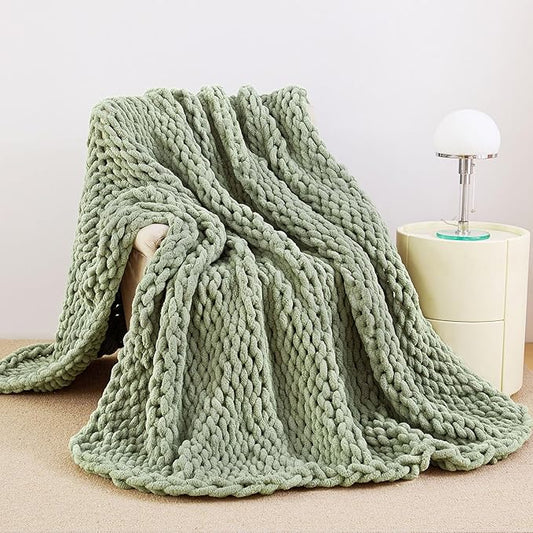 Admitrack Chunky Knit Blanket Throw, 100% Hand Knit Chenille Throw Blanket for Sofa & Home Decor, Soft and Cozy Knitted Throw Blankets (Sage Green,40"x50")