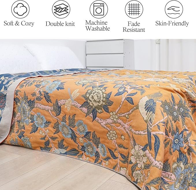 Snycler Boho Throw Blanket for Bed - 100% Cotton Ultra Soft Rustic Quilt Blanket Orange Bird Floral Printed Farmhouse Decor Bed Blankets, 60"×80" All Season Rustic Throw for Sofa Couch Chair