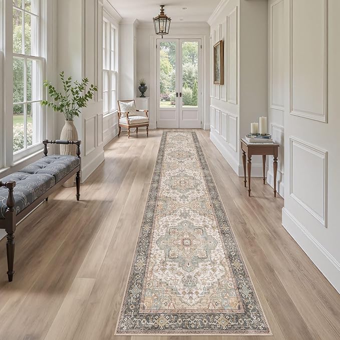 Washable 2.6x14 Runner Rug - Area Rugs Neutral Vintage Distressed Floral Farmhouse Boho Large Soft Floor Rug Indoor Carpet for Hallway Entryway Home - Forest Green Orange