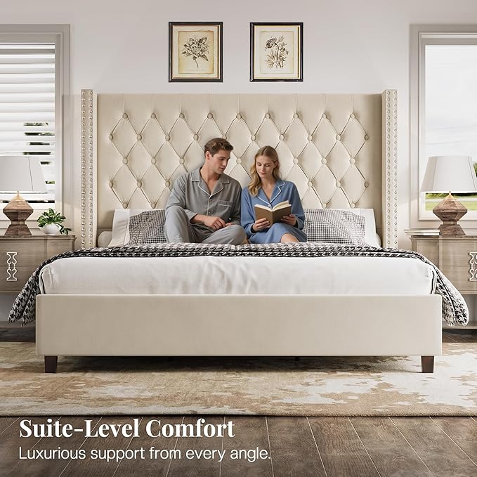 PaPaJet Queen Size Bed Frame with 61.4" Tall Headboard, Velvet Modern Upholstered Tufted Bed for Adults, Handmade Deep Button Tufting, Solid Wood Legs, No Box Spring Required, Cream
