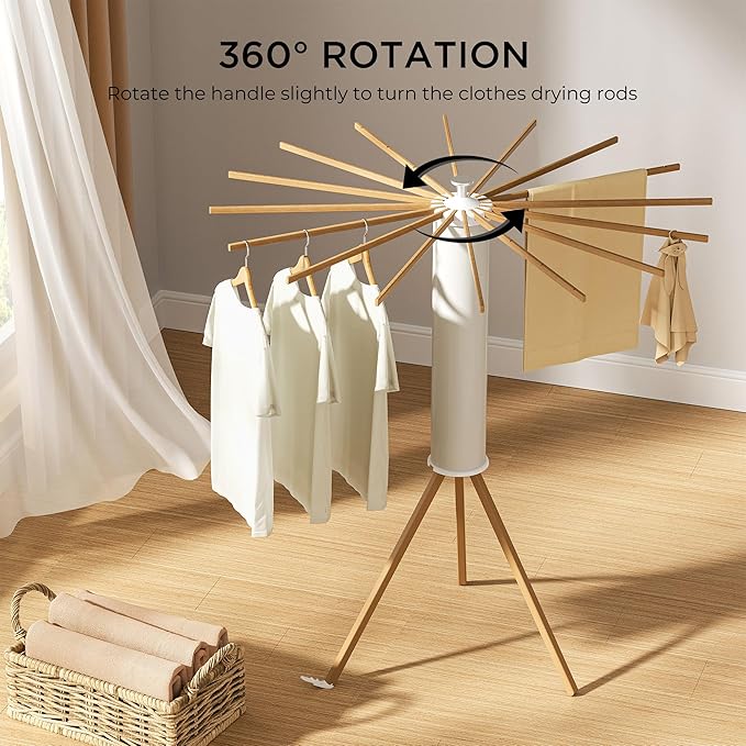 Tripod Clothes Drying Rack, Garment Rack Portable and Foldable Space Saving Laundry Drying Rack - Dryer Rack Clothing Floor Folding Balcony Bedroom Household (Beige(Wood), 16 rods)