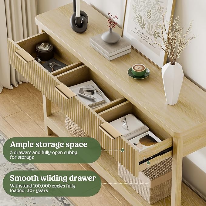Lulive 51" Fluted Console Table for Entryway, Entryway Table with 3 Wooden Drawers, Farmhouse Behind Sofa Table for Living Room, Hallway, Couch, Foyer