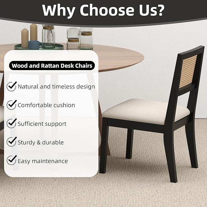 Westice Rattan Dining Chairs Set of 4, Farmhouse Natural Dining Room Chairs with Upholstered Cushion, Wood Armless Chairs for Kitchen/Restaurant, Black