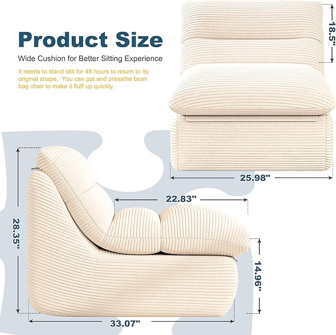 Misolant Bean Bag Chairs,Big Corduroy Fabric Sofa Bean Bag Chair for Adults and Teens with High-Resilience Sponge, Non-Slip Base Floor Lounge Sofa for Home, Living Room, Bedroom, Gaming Beige White