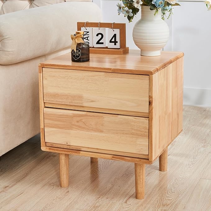 Modern Solid Wood Nightstand with Drawers - Mid Century Modern 2 Drawer Natural Wooden Small Narrow Nightstand Bedside Side End Table with Storage for Living Room Bedroom, 15.7" D x 17.1" W x 19.6" H