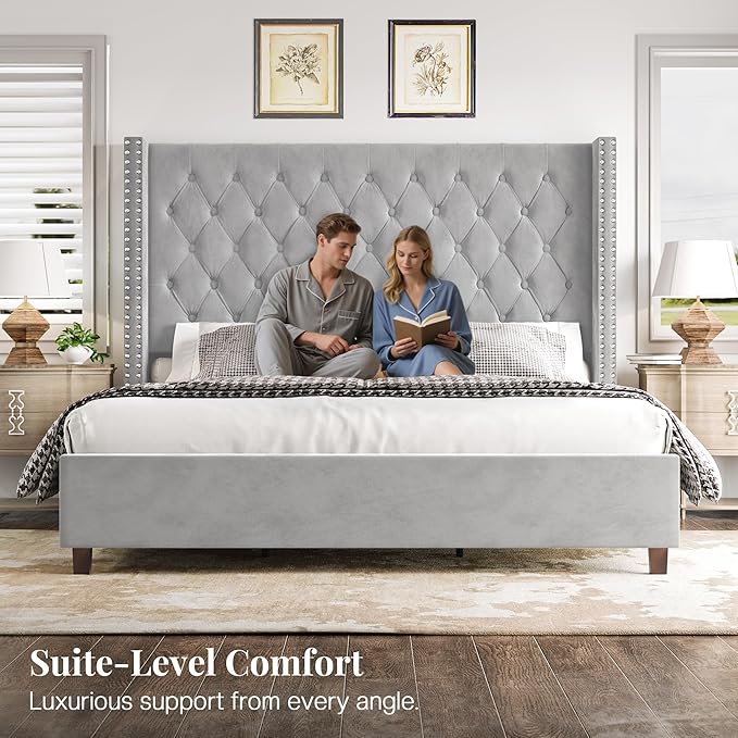 PaPaJet King Size Bed Frame with 61.4" Tall Headboard, Velvet Upholstered Platform and Handmade Deep Button Tufting, No Box Spring Required, Grey