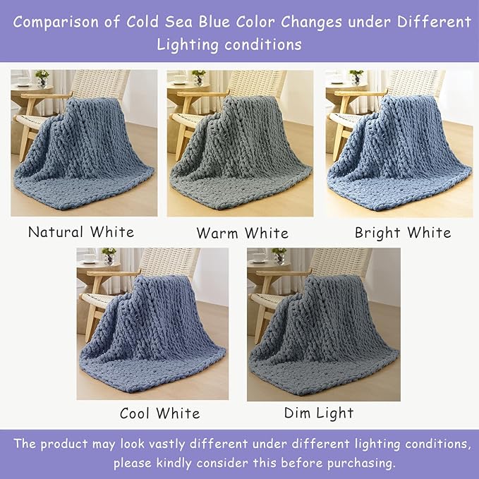 Bigacogo Chunky Knit Throw Blanket for Couch, 40x60 inches, 100% Hand Knitted with Thick Jumbo Chenille Yarn, Cozy Soft Large Rope Knot Cable Crochet Blankets for Sofa Bed Living Room, Cold Sea Blue