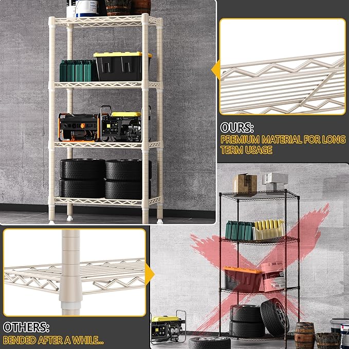1000 lbs 4-Shelf Standing Storage Shelves Heavy Duty Metal Shelving Unit Adjustable Wire Rack for Office Garage Kitchen, Light Tan 11.8 D x 23.6" W x 47.5" H