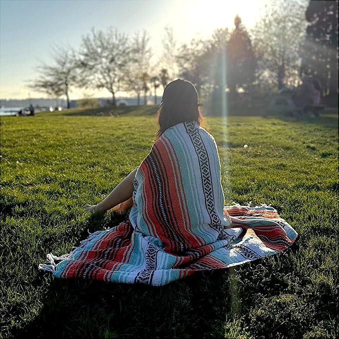 Traditional Handwoven Mexican Blanket, Large Falsa Serape - Soft & Durable - Vibrant Beach, Picnic, Yoga & Camping Mat - Lightweight Boho Throw 70"x50" (Sunset)