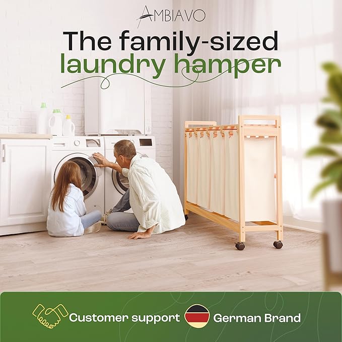 Laundry Sorter with 4 Sections beige, Hamper with Removable Cotton Bags & Wheels โ Perfect Laundry Organizer - Eco-Friendly Rolling Laundry Basket โ Durable Bamboo and Stylish Design