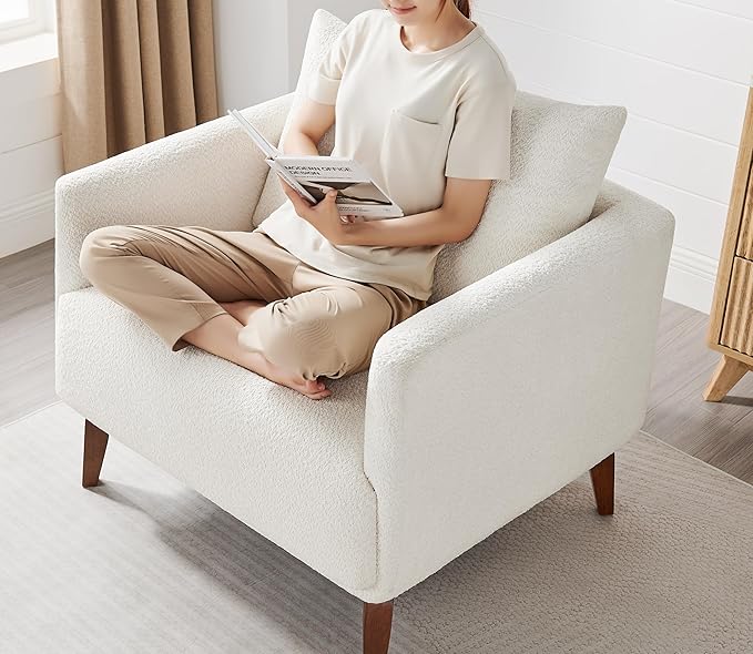 Oversized Accent Chair Modern Boucle Armchair for Living Room Sets of 2, 37" Wide & Cozy Reading Chair with Solid Wood Legs, White Upholstered Lounge for Bedroom & Office, (Easy Assembly)