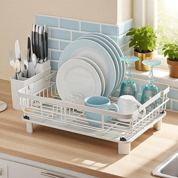 MOUKABAL Dish Drying Rack, Dish Rack, Large Dish Racks for Kitchen Counter, Drying Rack Kitchen with Removable Utensil Holder, Drainboard 16.9" x 12.9" x 5.9"(White)
