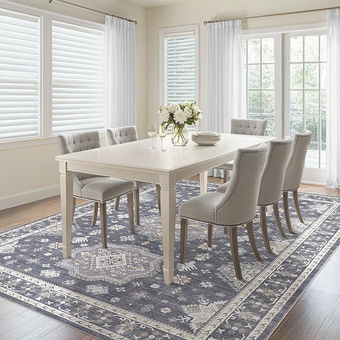 Washable Area Rugs for Living Room -10x14 Neutral Vintage Distressed Floral Farmhouse Boho Large Soft Floor Rug Indoor Non Slip Carpet for Living Room Bedroom Dining Room Office - Denim Blue/Grey