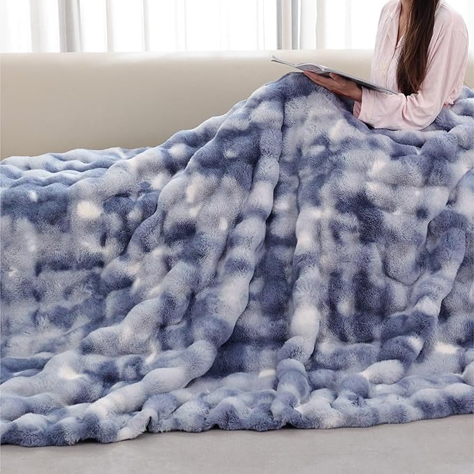 Tie-dye Blue Soft Comfy Throw Blanket for Couch Bedroom Faux Fur 50x60 Fluffy Blanket for Living Room Furry Bed Comforter Cozy Home Decor Gifts 860 GSM