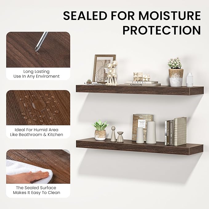 Floating Shelves for Wall, 31.5"W x 6.7"D x 1.5"H, Wooden Wall Mounted Display Shelves with Invisible Brackets for Living Room, Bedroom, Bathroom, Kitchen Decor and Storage, Set of 2, Walnut