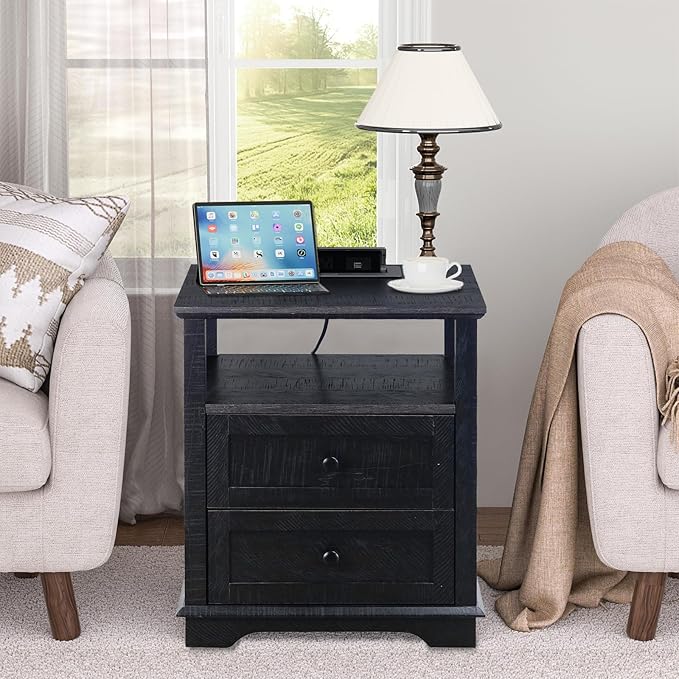 HIFYOBRO End Table with 2 Drawers and Charging Station, Type-C & USB Port & Power outlets, Wooden Storage Nightstand, Large Side Table with Storage for Living Room and Bedroom