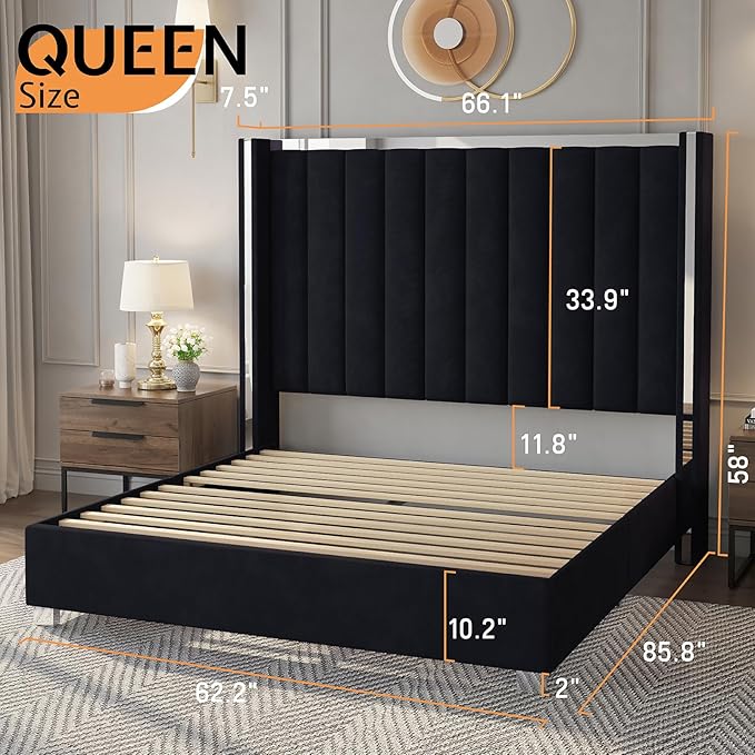 Jocisland Queen Size Bed Frame with 58" Tall Headboard, Velvet Upholstered Platform Bed with Channel Tufted Wingback Headboard and Plating Trim, No Box Spring Needed, Black