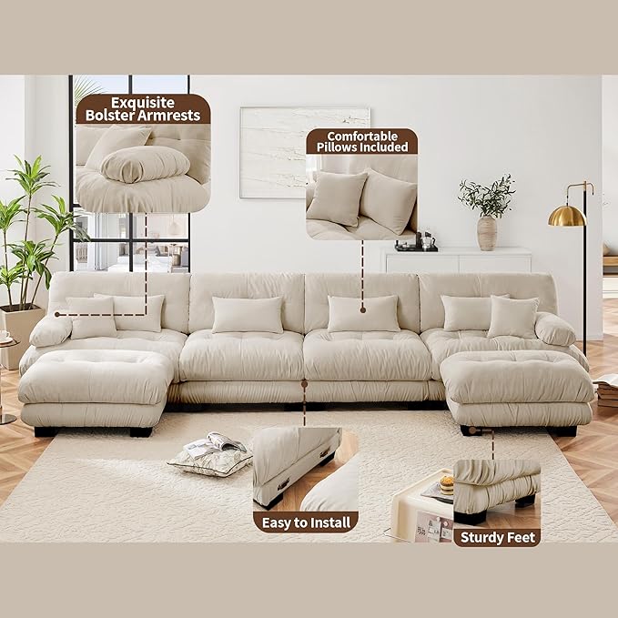 U Shaped Couch Sectional Couch, 4-Seater Cloud Couch Sectional Oversized Couch, Sofa Bed Couch with Round Bolster Armrests 6 Pillows, Modular Couch Home Sofa Living Room Couch