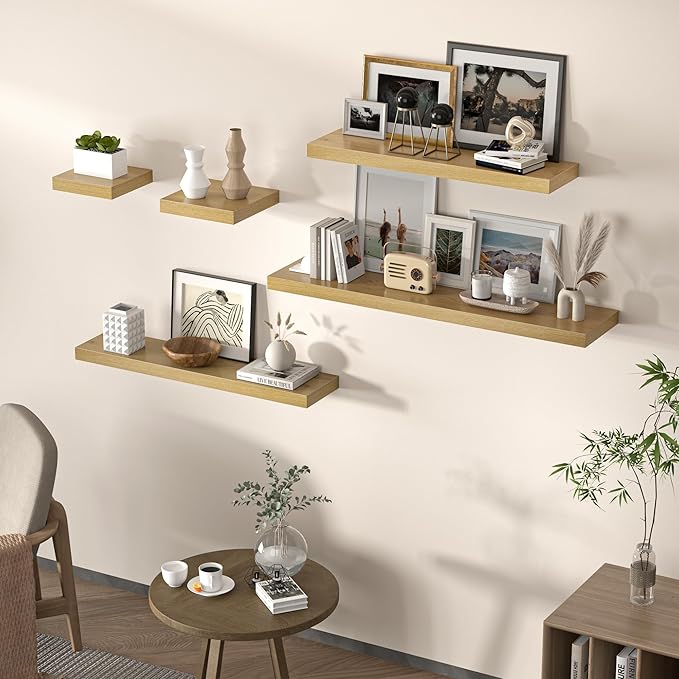 Square Floating Shelves for Wall, 8" W x 8" D x 1.2" H, Small Wooden Wall Mounted Display Shelves with Invisible Brackets for Living Room, Bedroom, Bathroom, Kitchen Decor, Set of 4, Oak