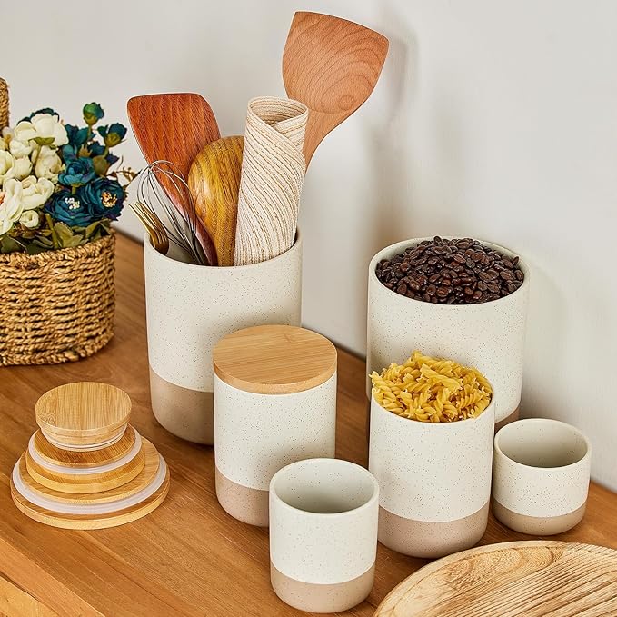 Yangbaga Canister Sets for Kitchen Counter, 40 OZ Large Ceramic Food Storage Jars with Airtight Wood Lids, Large Kitchen Canisters for Coffee, Sugar, Tea, Flour, Spice Visit the Store