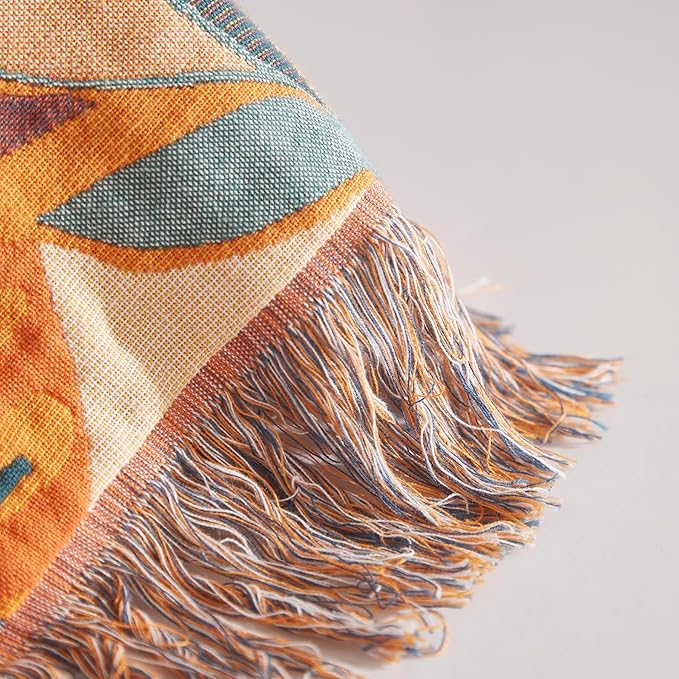 Boho Throw Blanket for Couch Sofa Bed, 100% Cotton Woven Quilt with Tassel 80”x90”, Super Soft Muslin Blanket with Floral Printed, Decorative Reversible Bed Blanket/Cover for All Seasons